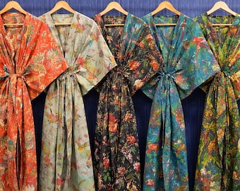 100% Cotton Floral Print Indian Kaftan Maxi Dress, Boho Beach Cover-Up