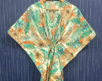 Floral Cotton Caftan Dress: Hand Block Printed Loungewear, Plus Size Boho Tunic Kaftan