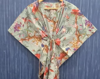Bird Print Organic Cotton Kaftan, Boho Beach Cover-Up, Plus Size Summer Dress