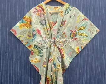 Hand Block Printed Cotton Kaftan Dress | Floral Boho Maxi Loungewear