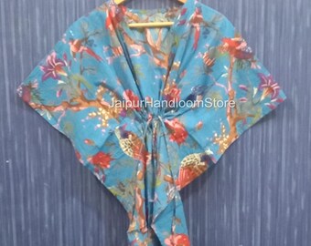 Blue Floral Cotton Kaftan Dress | Hand Block Print, Free Size Caftan