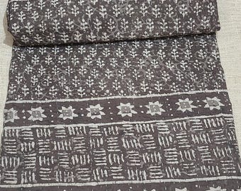 Grey Hand Block Print Kantha Quilt: Reversible Cotton Bedding Bedspread King Size