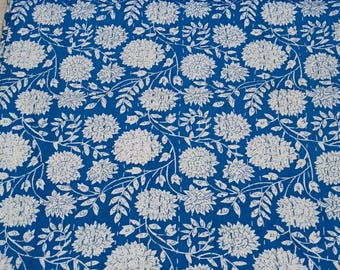 Hand Block Print Blue White Kantha Quilt: Indian Cotton Floral King Size Bedspread