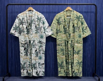 Handmade Block Printed Cotton Waffle Robe: Jungle Honeycomb Kimono Loungewear