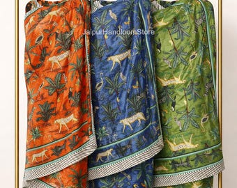 Jungle Print Handmade Indian Block Print Cotton Sarong: Floral Beach Pareo Scarf