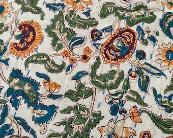 Hand Block Print Multi Color Kantha Quilt: Indian Cotton Floral Bedspread