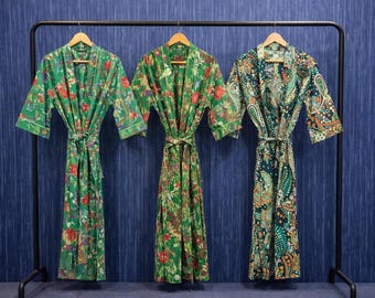 Floral Block Print Cotton Kimono Robe, Indian Pattern, One Size