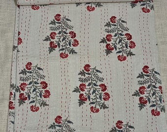 Hand Block Floral Kantha Quilt: Reversible Cotton Bedspread, Boho Throw Blanket