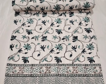 Floral Kantha Quilt – Teal Green Block Print Cotton Bedspread – Reversible Handmade Indian Blanket