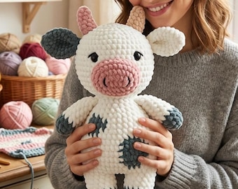 Crochet Cow Pattern PDF, Low-Sew Amigurumi Cow Plush with Video Tutorial, Instant Download