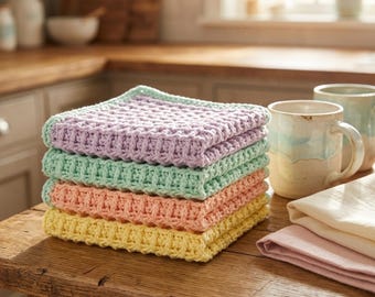 Wzór na szydełkową ściereczkę kuchenną ściegiem waflowym w formacie PDF, łatwa ściereczka kuchenna dla początkujących, do pobrania natychmiast