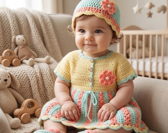 Striped Crochet Baby Dress Pattern PDF, Baby Girl Frock Set with Hat & Shoes, Sizes 1–12 Months