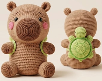 Capybara with Turtle Backpack Crochet Pattern PDF, Amigurumi Plushie, Video Tutorial, Instant Download
