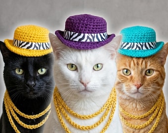 Cowboy Crochet Cat Hat With Gold Chain Pattern, Handmade Paw & Kitty hat crochet pattern, Holiday and Party Pets Costume (PDF Download)