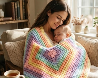 Waffle Stitch Baby Blanket Crochet Pattern PDF, Fluffy Rainbows Blanket, Colorful Rainbow Baby Blanket, Beginner Friendly
