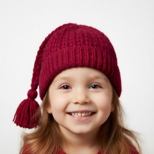 May include: A knitted burgundy hat with a long, braided tail and a tassel. The hat is made of a thick, textured yarn and has a ribbed brim. The hat is worn by a child with long, light brown hair.
