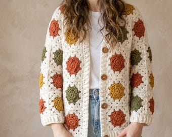 Patrón de cárdigan cuadrado de la abuela en PDF, cárdigan de girasol de ganchillo, cárdigan hecho a mano, cárdigan hexagonal