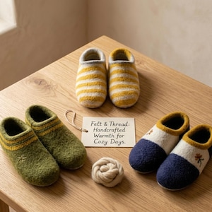 May include: A collection of handcrafted felt slippers in various designs. The slippers include yellow and white striped, olive green with yellow accents, and navy blue with white and floral accents. A tag reads "Felt & Thread: Handcrafted Warmth for Cozy Days."