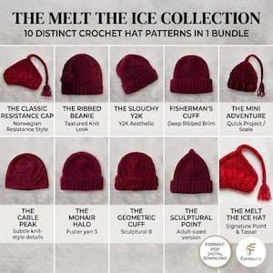 May include: Image showcasing ten distinct crochet hat patterns in a bundle, titled "The Melt The Ice Collection." Each hat is a deep burgundy color, with varying styles including beanies, cuffs, and caps. The image includes text describing each hat's style.