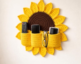 Crochet Sunflower Wall Hanging Organizer Pattern, Boho Wall Decor Storage, Hanging Pocket Organizer, Home Decor, Sunflower wall decor