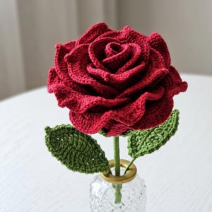 May include: A handcrafted, red crochet rose with green leaves and a green stem. The rose is displayed in a clear glass vase with a gold ring around the stem. The rose is a beautiful, handmade decorative item.