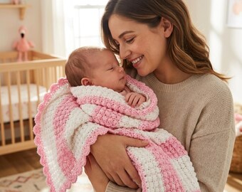 Striped Baby Blanket Crochet Pattern PDF, Flamingo Stripes Nursery Blanket, Beginner Friendly