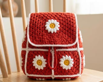 Daisy Granny Square Crochet Backpack Pattern PDF & Video, Stylish Handmade Crochet Backpack with Straps, Video Tutorial