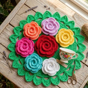 Könnte beinhalten: Handgefertigte Häkeldecke mit grünem, gewelltem Rand, mit acht bunten Häkelblumen in Orange, Rosa, Rot, Gelb, Türkis und Weiß. Eine Teetasse mit floralen Designs und eine Schere sind ebenfalls vorhanden.