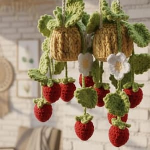 Crochet Strawberry Car Hanging Set, Strawberry Basket Crochet Pattern, Handmade Plant Decor, Cozy Car Hanging, Flower Basket Hanging Crochet