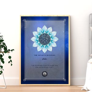 May include: A framed print with a blue and silver design. The artwork features a central floral motif with a circular pattern, surrounded by text that reads "THE INFINITE BLESSING" and a quote. The frame is a light brown color.