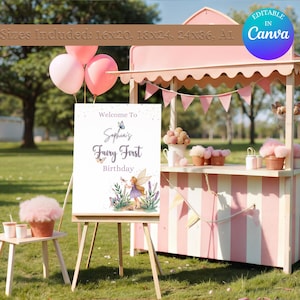 Plantilla de cartel de bienvenida para el primer cumpleaños de hadas / Plantilla editable de Canva / Descarga digital BD-006-WS