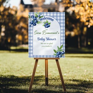 May include: A wooden easel displays a baby shower welcome sign. The sign features a blue and white gingham border, with text that reads "Welcome to Sara Beaumont's Baby Shower." Blueberry and leaf illustrations decorate the sign.