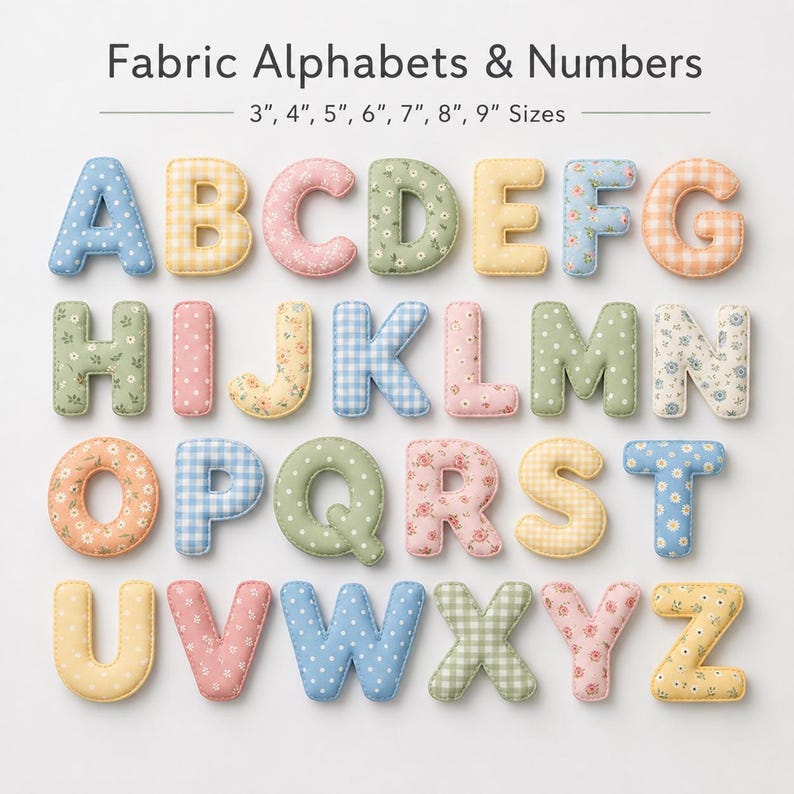 Fabric alphabet and fabric numbers PDF sewing bundle with printable alphabet templates and letter templates for creating puffy letters, stuffed letters, felt alphabet sets, name banners, letter garlands, bunting letters, nursery décor, birthday decorations, classroom displays, appliqué crafts, monograms, and personalized gifts. Includes sewing letters A–Z and numbers 0–9 in seven sizes from 3” to 9”.