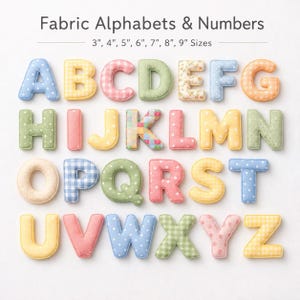 Printable fabric alphabet sewing pattern with fabric letters, fabric numbers, and reusable letter templates for puffy letters, stuffed alphabet crafts, felt alphabet projects, name banners, letter garlands, bunting letters, nursery décor, birthday signs, classroom displays, appliqué, monograms, and personalized gifts. Includes alphabet templates A–Z and number patterns 0–9 in seven sizes from 3” to 9”.
