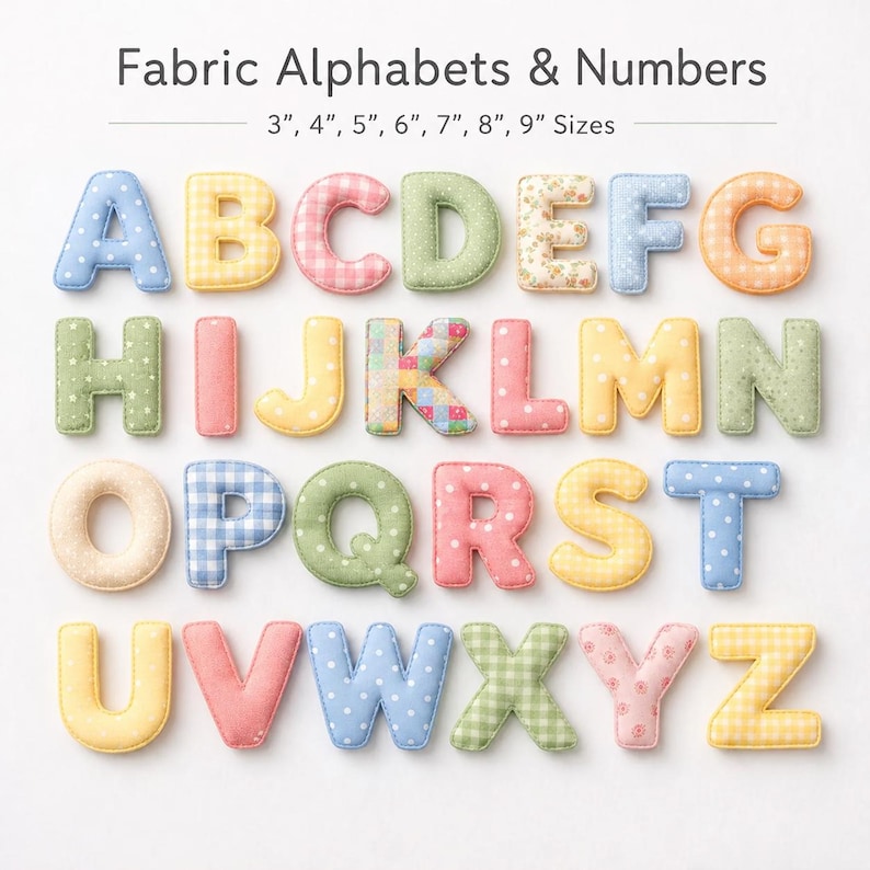 Printable fabric alphabet sewing pattern with fabric letters, fabric numbers, and reusable letter templates for puffy letters, stuffed alphabet crafts, felt alphabet projects, name banners, letter garlands, bunting letters, nursery décor, birthday signs, classroom displays, appliqué, monograms, and personalized gifts. Includes alphabet templates A–Z and number patterns 0–9 in seven sizes from 3” to 9”.