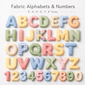 May include: Fabric alphabet and number set in various sizes. The letters and numbers are made of fabric with different patterns, including polka dots, gingham, and floral designs. The letters are in pastel colours.
