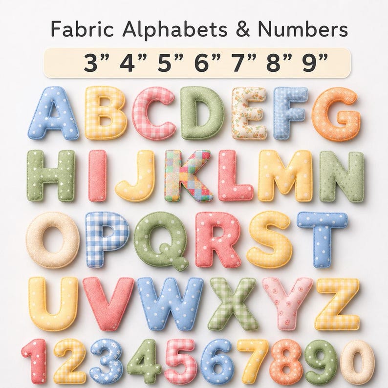 Colorful fabric alphabet and fabric numbers in floral, gingham, polka-dot, striped, and star prints. This alphabet pattern includes printable letter templates for sewing letters, puffy letters, felt alphabet crafts, name banners, letter garlands, bunting letters, nursery décor, birthday decorations, appliqué projects, and handmade gifts. PDF sewing alphabet template includes A–Z and 0–9 in sizes 3”–9”