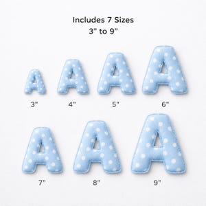 Fabric alphabet PDF sewing pattern featuring printable fabric letters, fabric numbers, alphabet templates, and reusable letter templates. Perfect for sewing puffy letters, stuffed letters, felt alphabet crafts, name banners, letter garlands, bunting letters, nursery decorations, birthday décor, classroom displays, appliqué projects, monograms, and personalized handmade gifts. Includes A–Z and 0–9 in sizes 3”–9”.