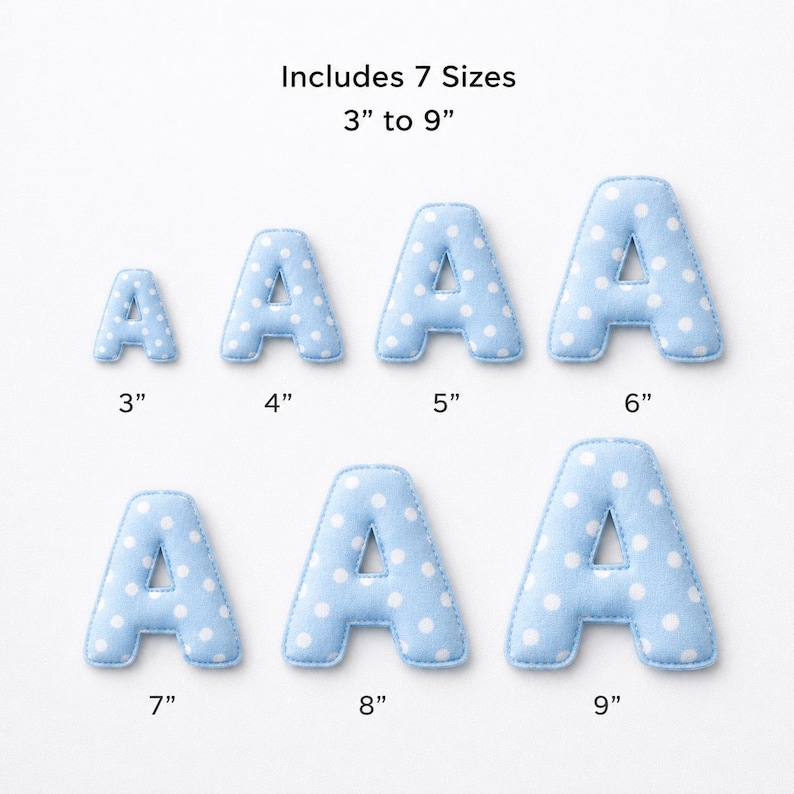 Fabric alphabet PDF sewing pattern featuring printable fabric letters, fabric numbers, alphabet templates, and reusable letter templates. Perfect for sewing puffy letters, stuffed letters, felt alphabet crafts, name banners, letter garlands, bunting letters, nursery decorations, birthday décor, classroom displays, appliqué projects, monograms, and personalized handmade gifts. Includes A–Z and 0–9 in sizes 3”–9”.