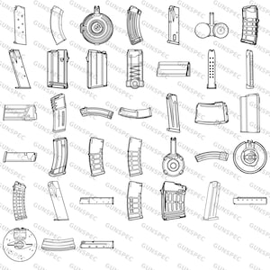 May include: Line art illustration of various firearm magazines in different shapes and sizes. The image features a collection of black and white outlines of magazines, showcasing a variety of designs and capacities.