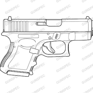 Könnte beinhalten: Schwarz-Weiß-Strichzeichnung einer halbautomatischen Pistole, mit dem Wort "GUNSPEC" wiederholt um das Bild. Die Illustration zeigt das Seitenprofil der Schusswaffe, einschließlich Schlitten, Griff, Abzug und Magazin-Entriegelung.