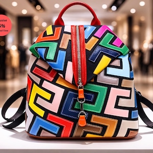 Puede incluir: Mochila colorida con un patrón geométrico en varios colores, incluyendo rojo, azul, verde y amarillo. La bolsa tiene un asa y cremallera rojas, con correas negras. El diseño es llamativo y moderno, adecuado para el uso diario.