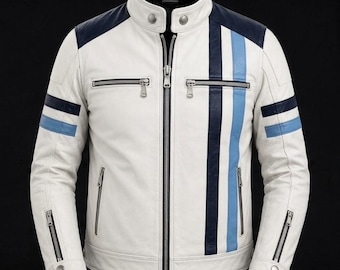 Wit-blauwe leren motorjas in café racer-stijl, perfect cadeau voor motorrijders, premium leren jas voor heren