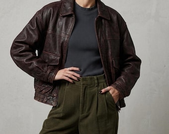 Vintage 1980s Oversized Bomber Jacket, Espresso Brown Leather, Retro Boxy Fit Premium Leather Coat, Gift for her, Custom size jacket