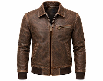 Bruine leren jas voor hem — Bomberjack, stoere motorstijl, perfect cadeau voor motorrijders, vintage bruine leren jas, handgemaakt