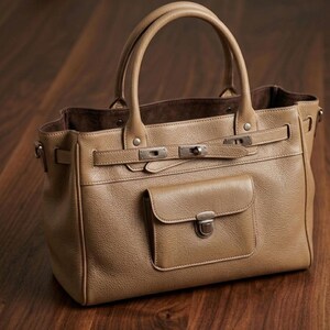 May include: A tan leather handbag with a top handle and a front pocket. The bag has silver-tone hardware, including a clasp closure on the front pocket and a buckle closure on the top. The interior is lined with a darker brown material.