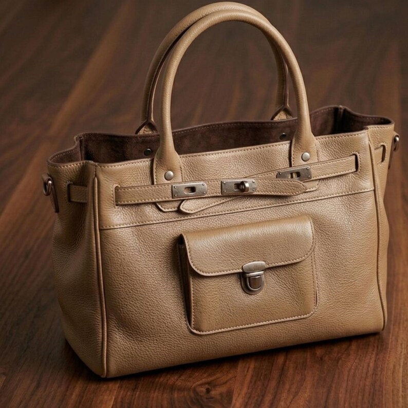 May include: A tan leather handbag with a top handle and a front pocket. The bag has silver-tone hardware, including a clasp closure on the front pocket and a buckle closure on the top. The interior is lined with a darker brown material.