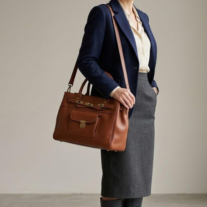 May include: A brown leather satchel with a top handle and shoulder strap. The bag has a front pocket with a clasp closure and a flap secured by a metal buckle. The bag is carried by a person wearing a navy blazer and gray skirt.