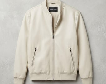 Witte leren bomberjack voor heren, gebroken wit echt leren jack, crèmekleurig handgemaakt bikerjack, leren jas op maat, cadeau voor mannen