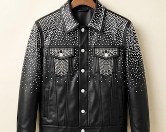 Zwarte leren jas met strasssteentjes, truckerjack met kristallen, glinsterende jas in westernstijl, unisex concert- of feestjas, cadeau voor hem